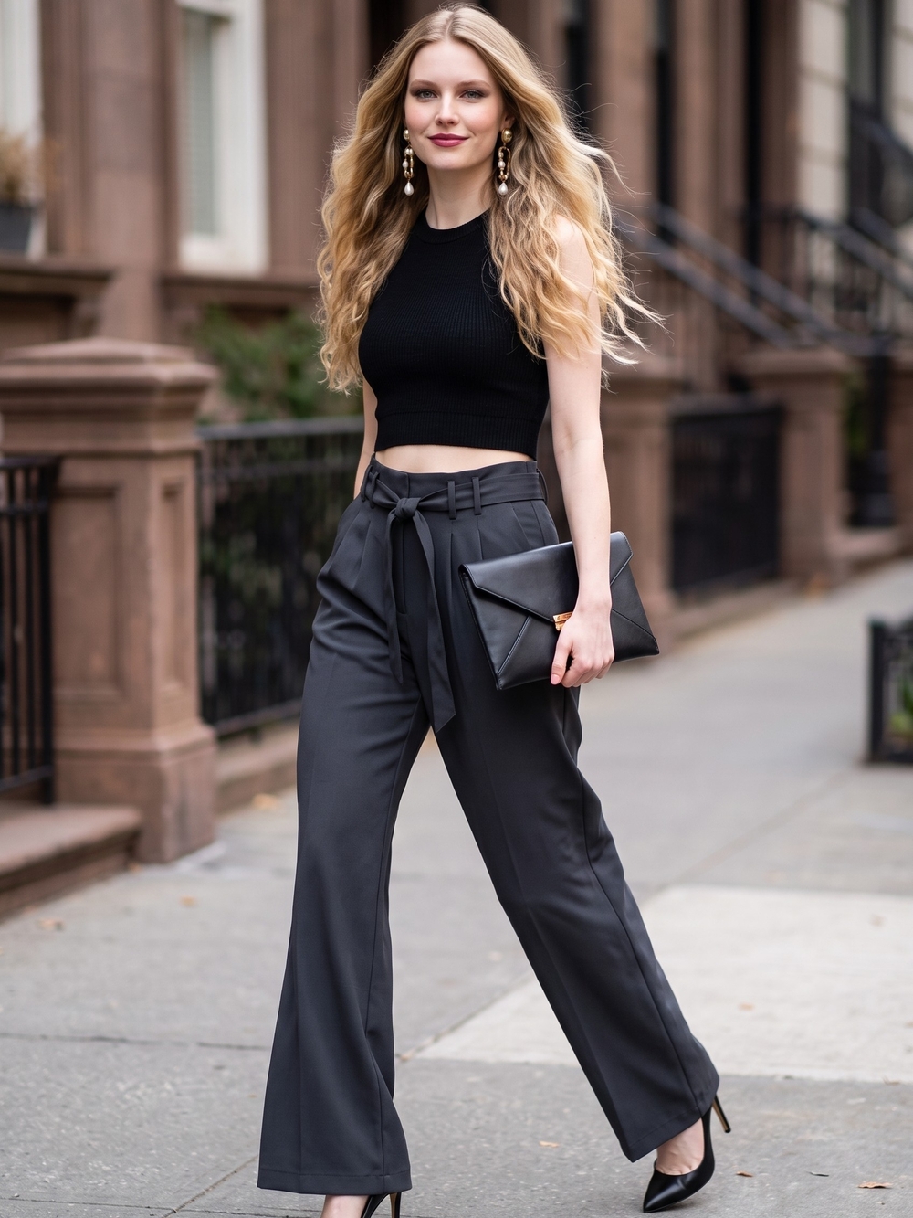 High-Waist Black Tie-Belt Wide Leg Pants